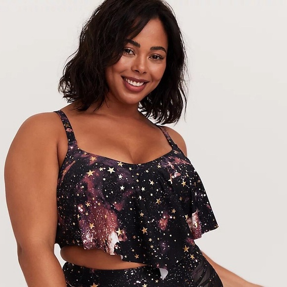 torrid Other - Torrid Black Gold Star Metallic Print 1PC Flounce Top SwimSuit 1X (TOP ONLY)